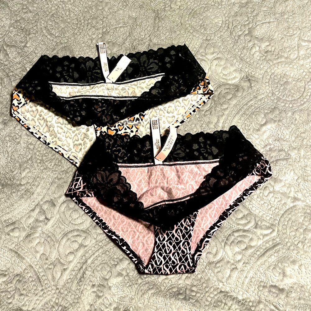 NWT 2 pair Victoria Secret Leopard π Print cotton, lace waist hip huggers Sz M - Picture 6 of 8